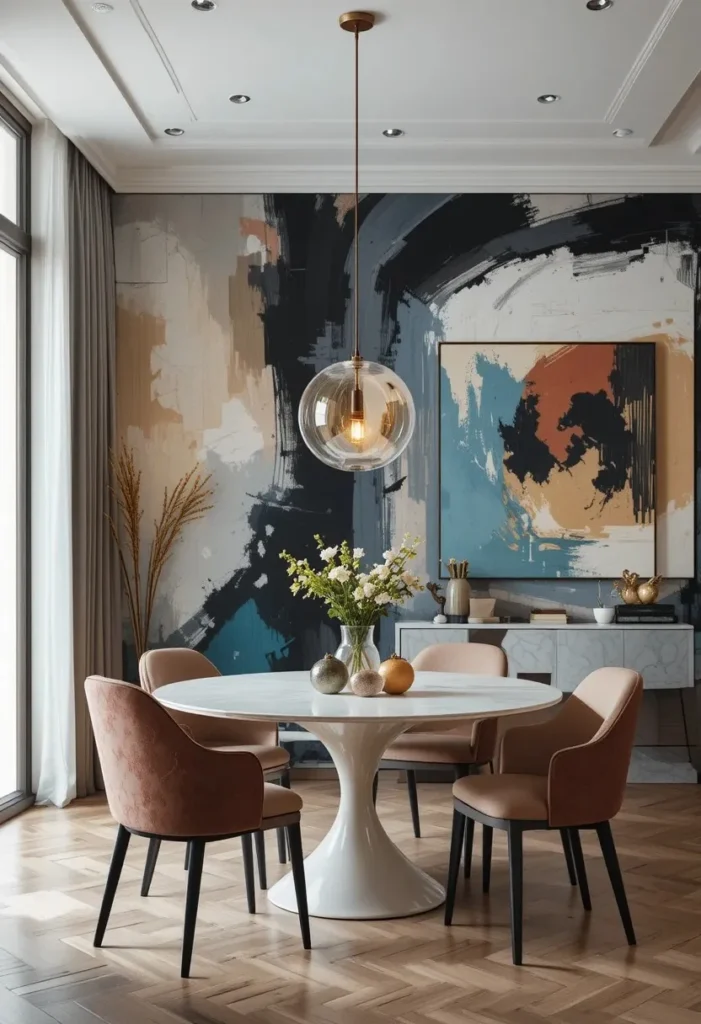 Modern dining room featuring artistic abstract wallpaper as a dramatic focal point.