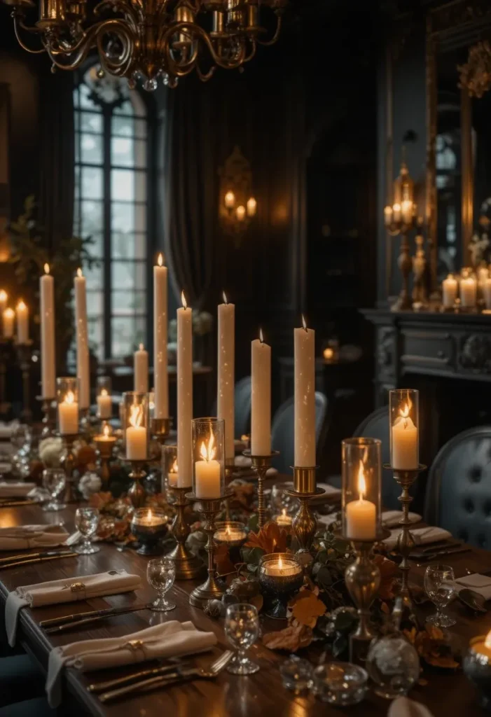 Dining room layered with candles of different heights creating a warm romantic glow.