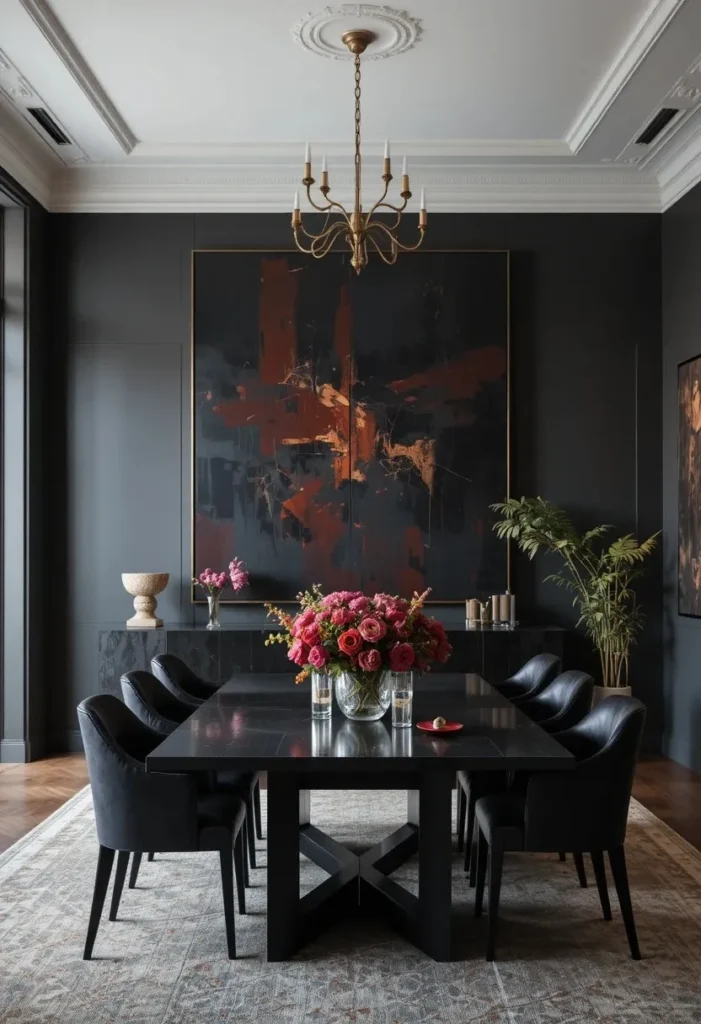 Dining room with large dark artwork creating a dramatic gallery-inspired look.