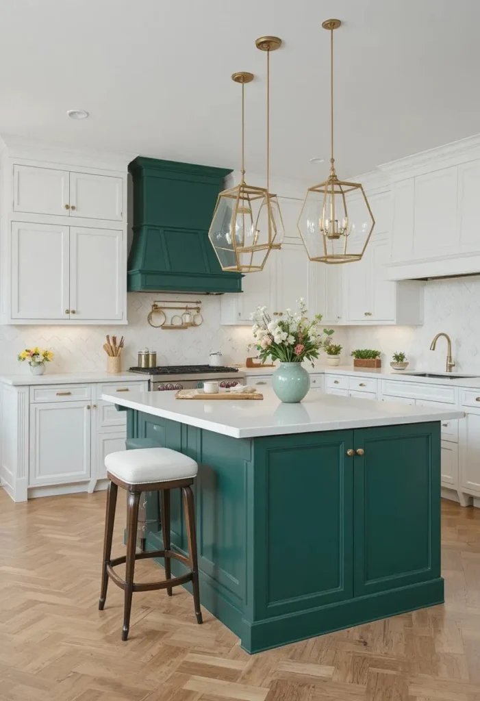 White kitchen with a dramatic forest green island centerpiece.