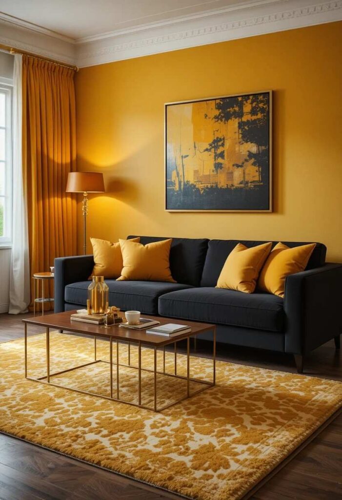 Black couch paired with mustard yellow accents for a vibrant living room.