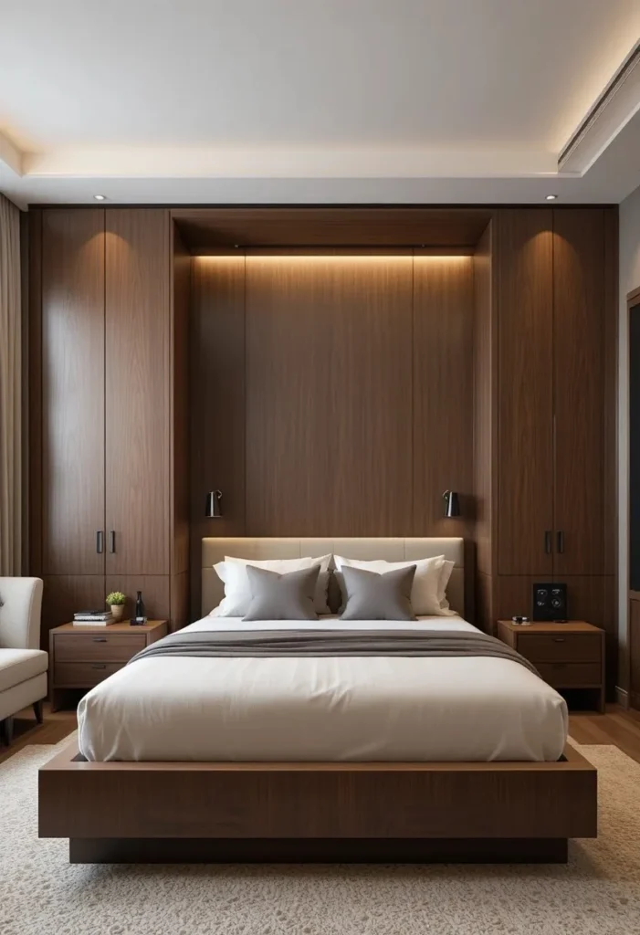 Murphy bed with dark wood cabinetry creating a warm and luxurious look.