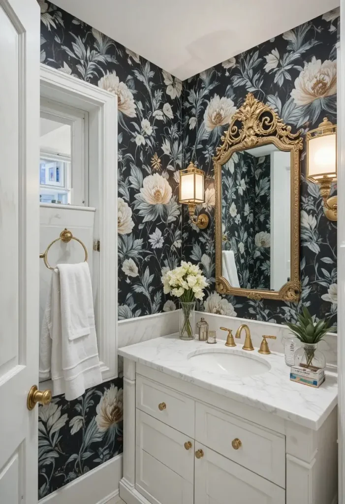 Guest bathroom with botanical wallpaper creating a striking feature wall