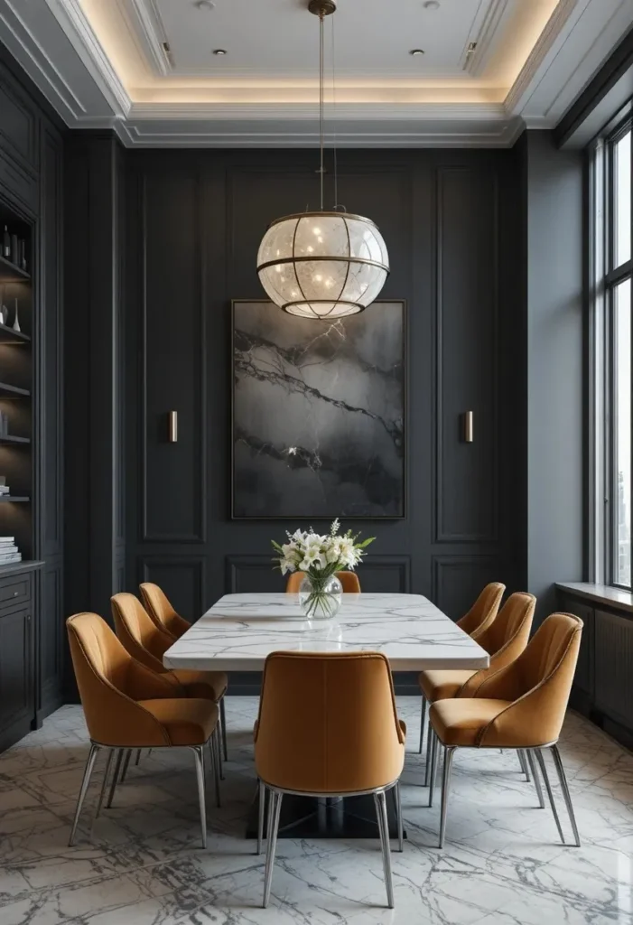 Charcoal grey dining room with marble table and velvet chairs