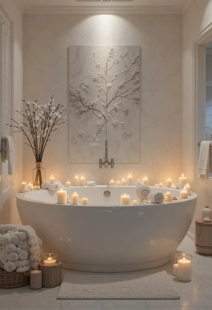 White bathroom illuminated by candlelight creating a relaxing atmosphere