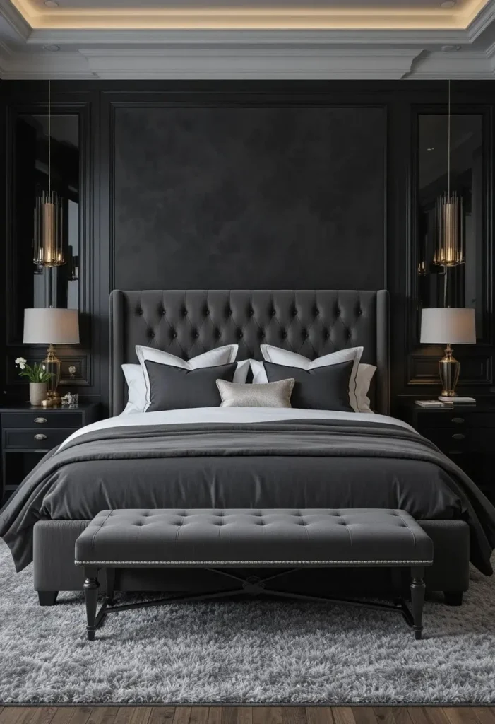 Dark gray bedroom layered with luxurious velvet textures for added depth and elegance.