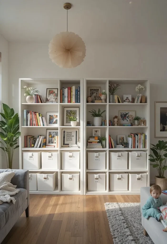 Cube storage room divider separating the play area from the main living room.