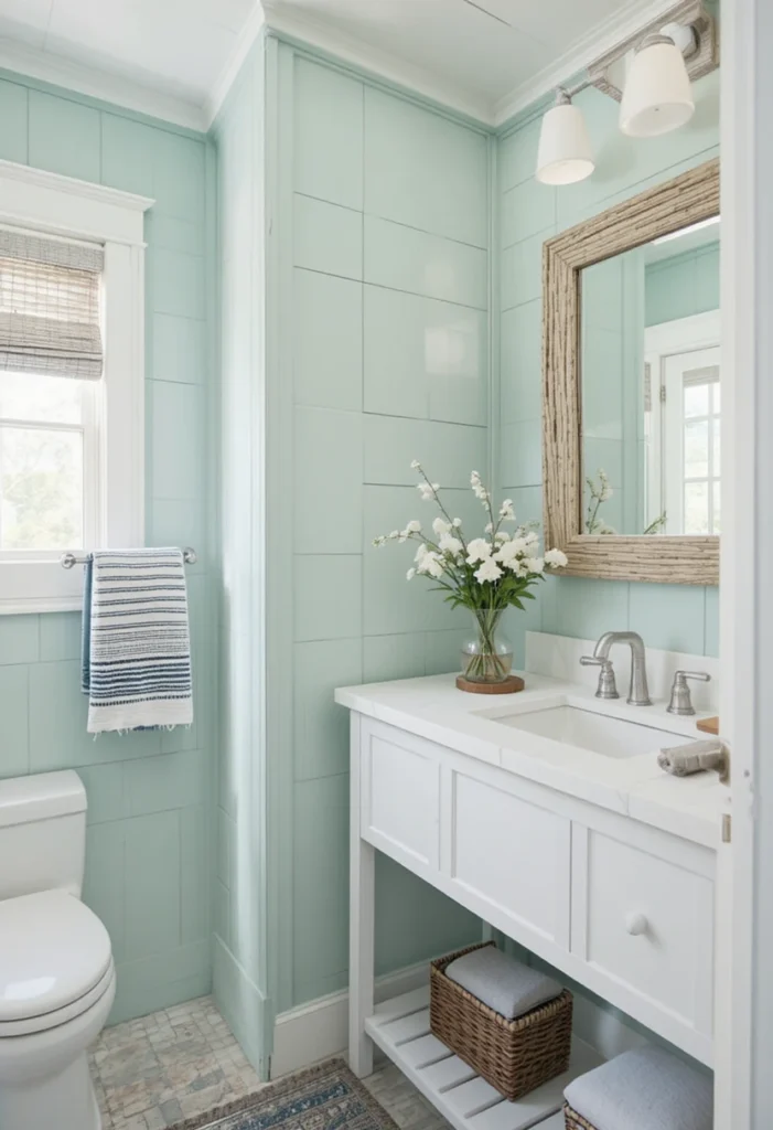 Green shiplap bathroom with coastal-inspired decor and bright styling