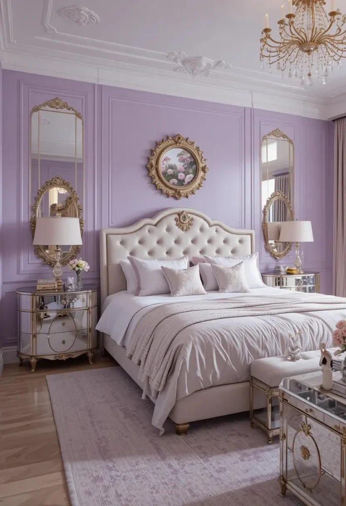 Purple bedroom featuring mirrored furniture that reflects light and enhances the space.