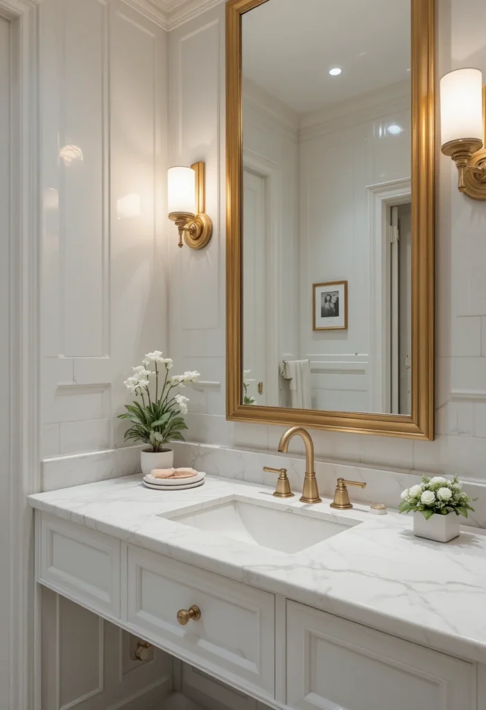White bathroom with gold fixtures and timeless luxury styling