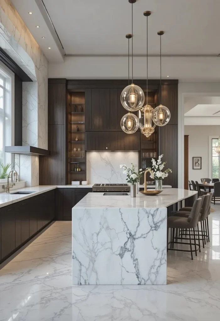 Waterfall marble island serving as the focal point in a one wall kitchen.