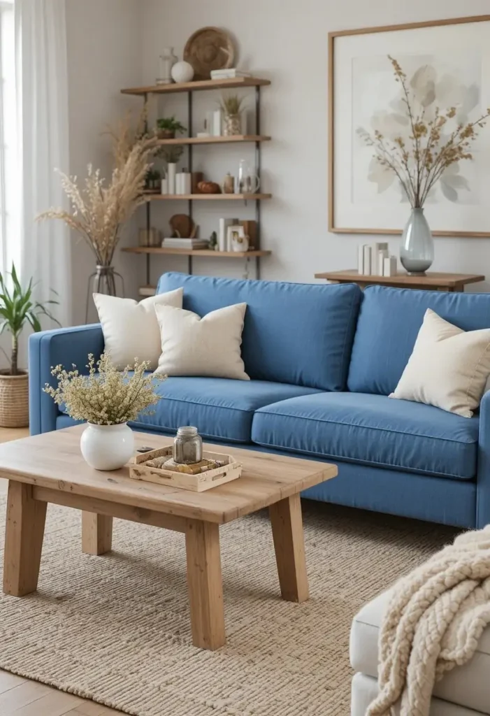Blue couch paired with warm wooden furniture and natural decor elements.