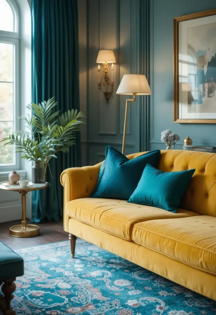 Mustard yellow couch paired with deep teal accents and brass decor in a stylish living room.