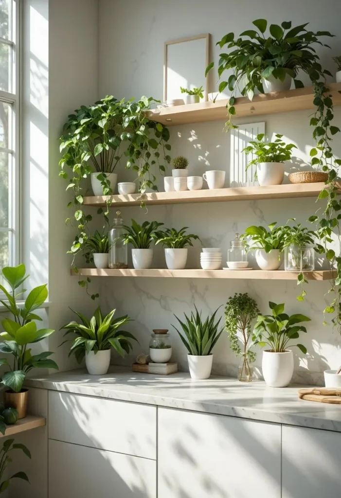 Floating kitchen shelves enhanced with beautiful trailing plants.