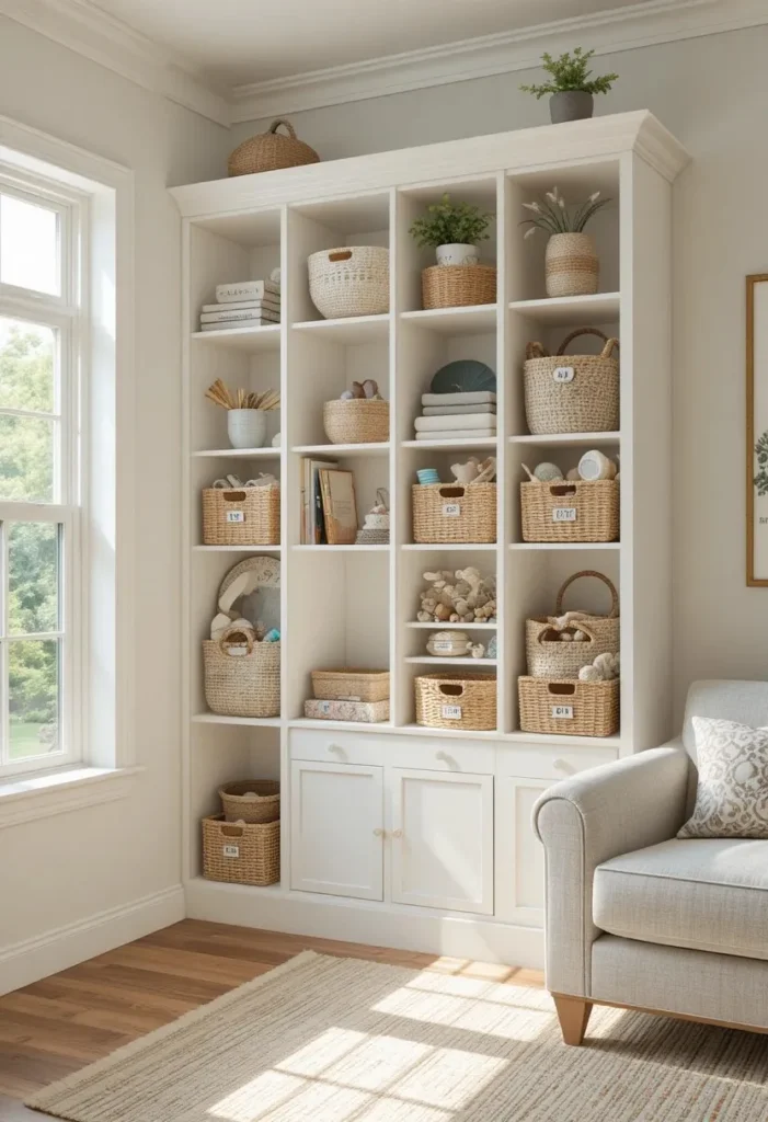 Woven seagrass baskets neatly stored inside a white built-in cubby system for stylish toy organization.