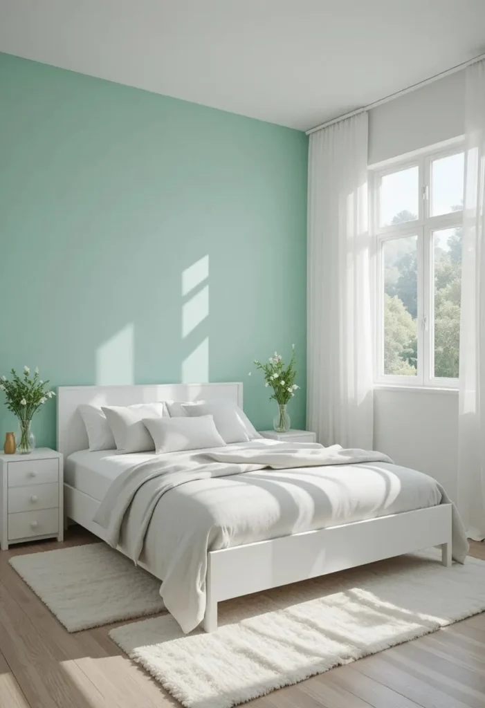 Mint green accent wall creating a bright and airy bedroom atmosphere.