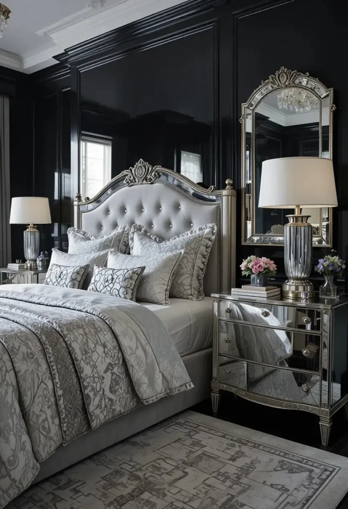 Mirrored furniture adding depth and glamour to a black and silver bedroom.
