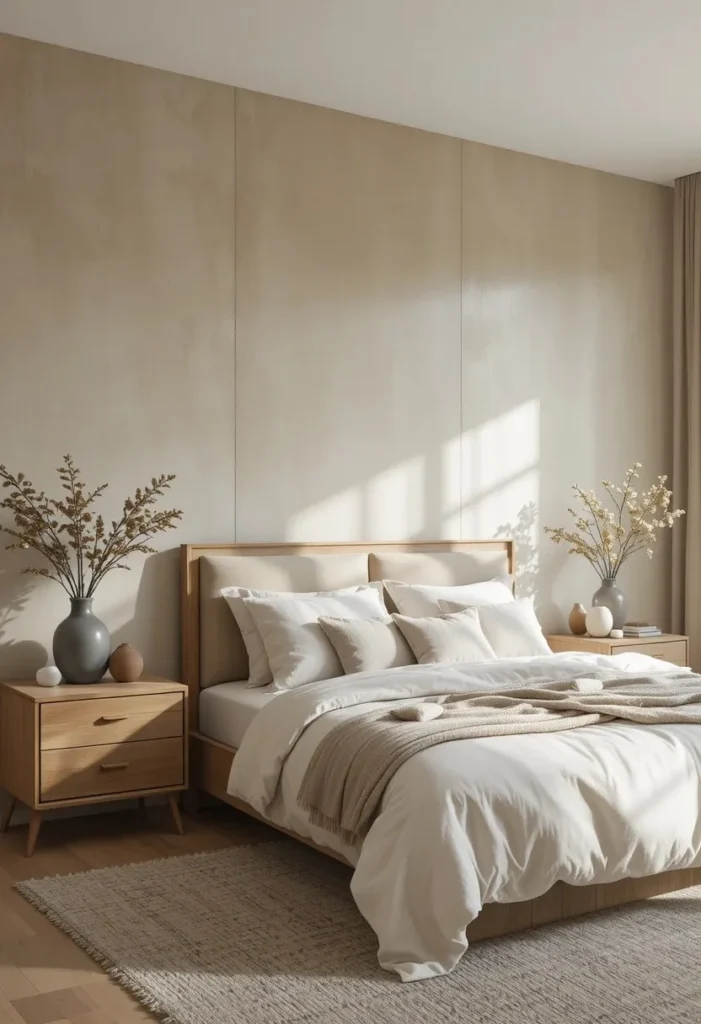 Limewash accent wall featuring organic texture and natural bedroom decor.