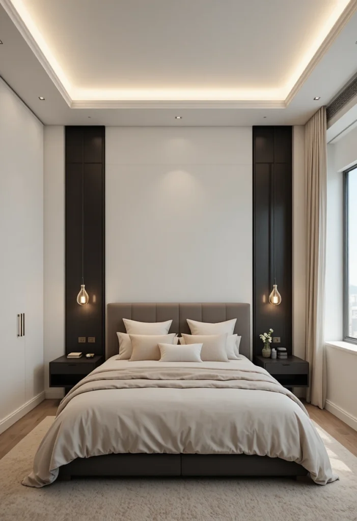 Modern bedroom with a dramatic black ceiling and warm glowing lights
