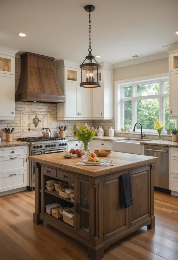 U shaped kitchen featuring a warm butcher block island surrounded by white cabinets.