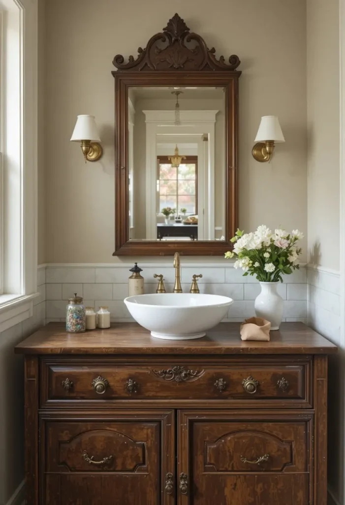 Vintage freestanding dresser transformed into a beautiful bathroom vanity