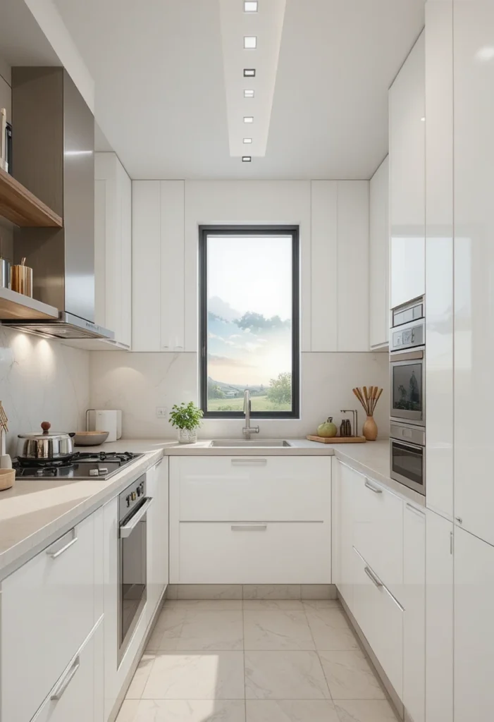 Handleless cabinets creating a sleek and spacious look in a compact kitchen.