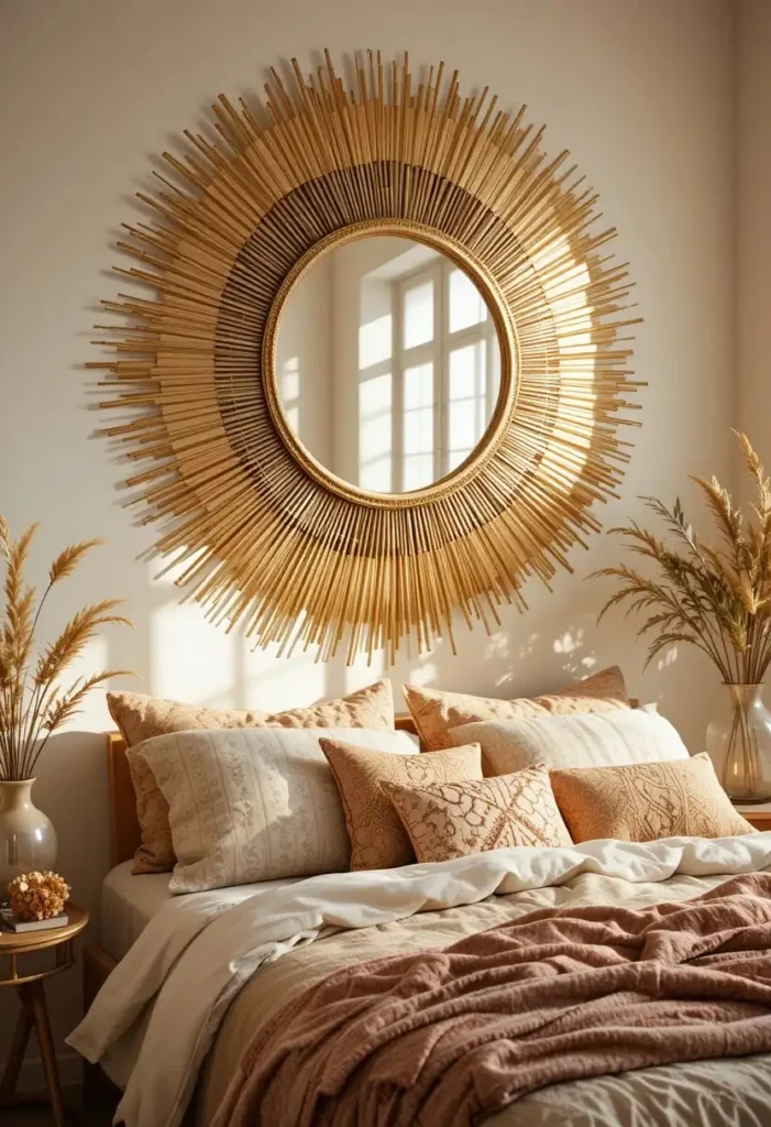 Gold sunburst mirror displayed as decorative wall art in a bedroom.