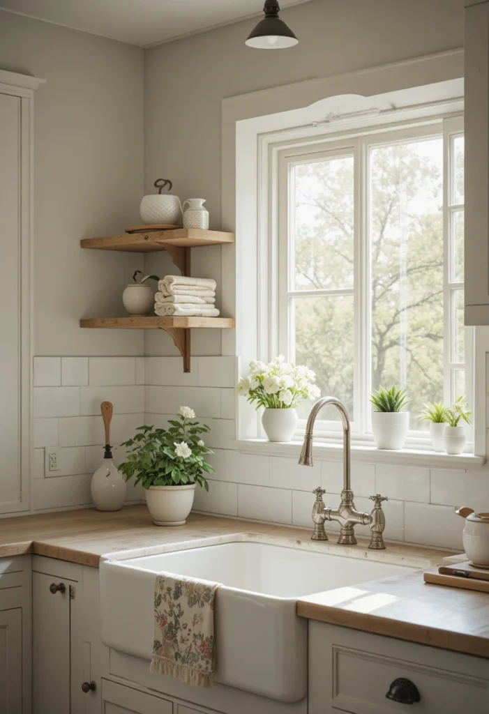 Floating shelf above a kitchen sink styled with practical everyday essentials.