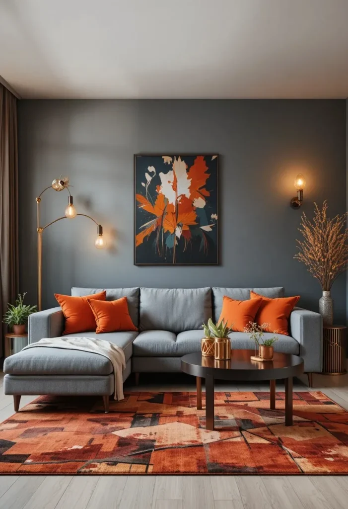 Grey couch accented with burnt orange decor for a vibrant living room.
