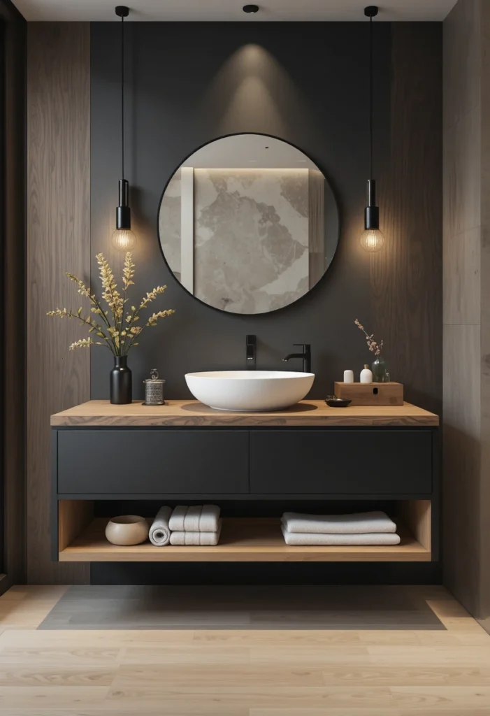 Black vanity paired with a natural wood countertop in a modern bathroom.