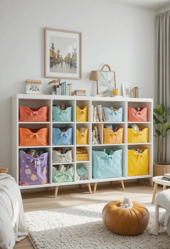 Low open shelving with colorful bins that make toy organization easy for children.