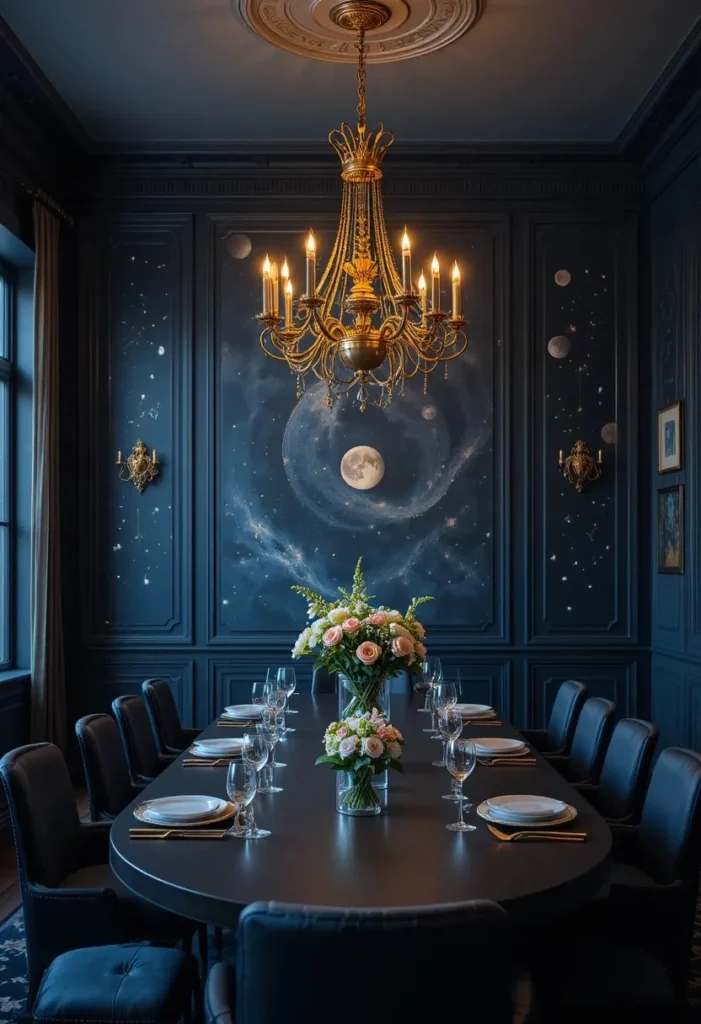 Dining room with celestial wallpaper creating a magical starry-night atmosphere.
