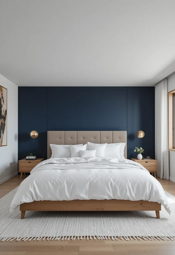Bedroom with a bold navy blue accent wall and warm neutral decor