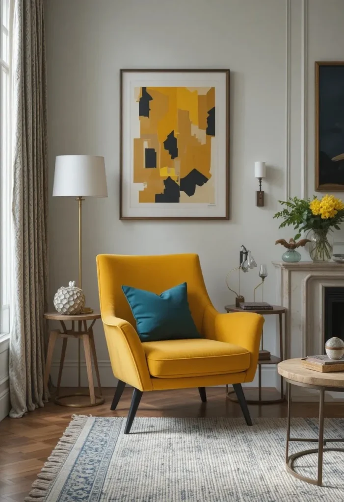 Mustard yellow accent chair adding warmth and color to a neutral living room.