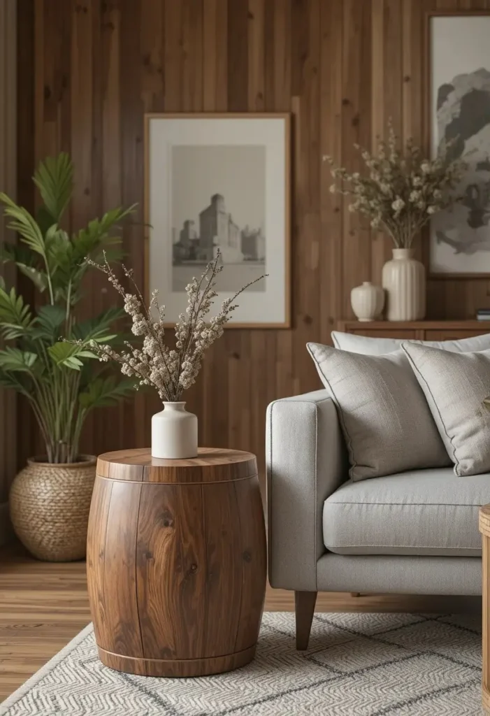 Warm walnut drum side table adding natural texture and character to a cozy living room.