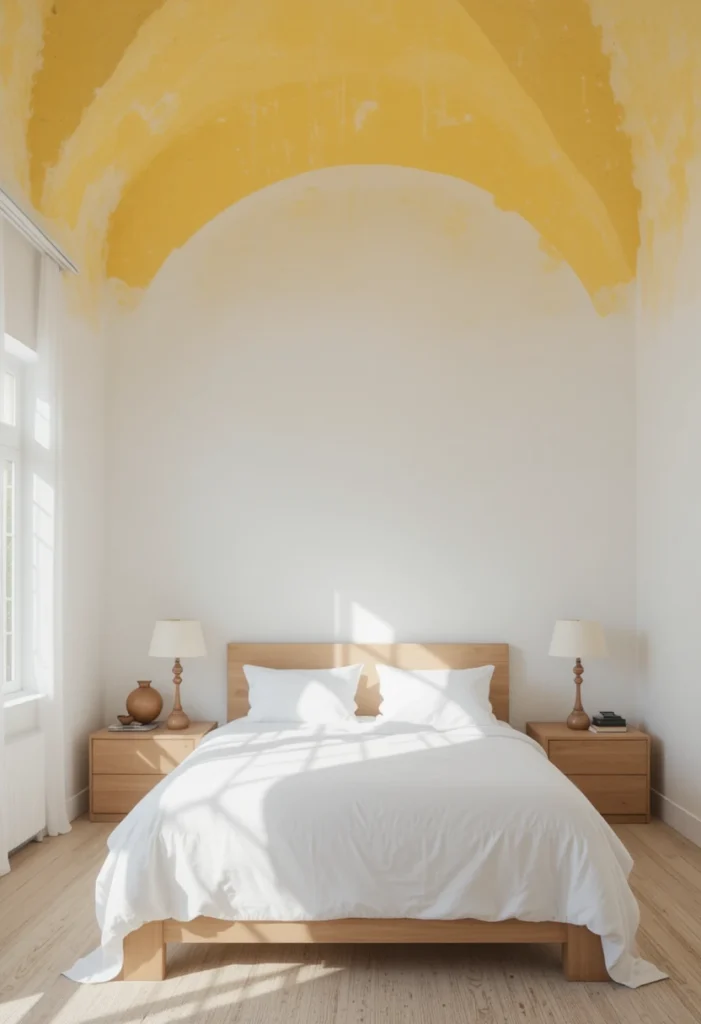 White bedroom with a yellow ceiling that adds warmth and unexpected character.