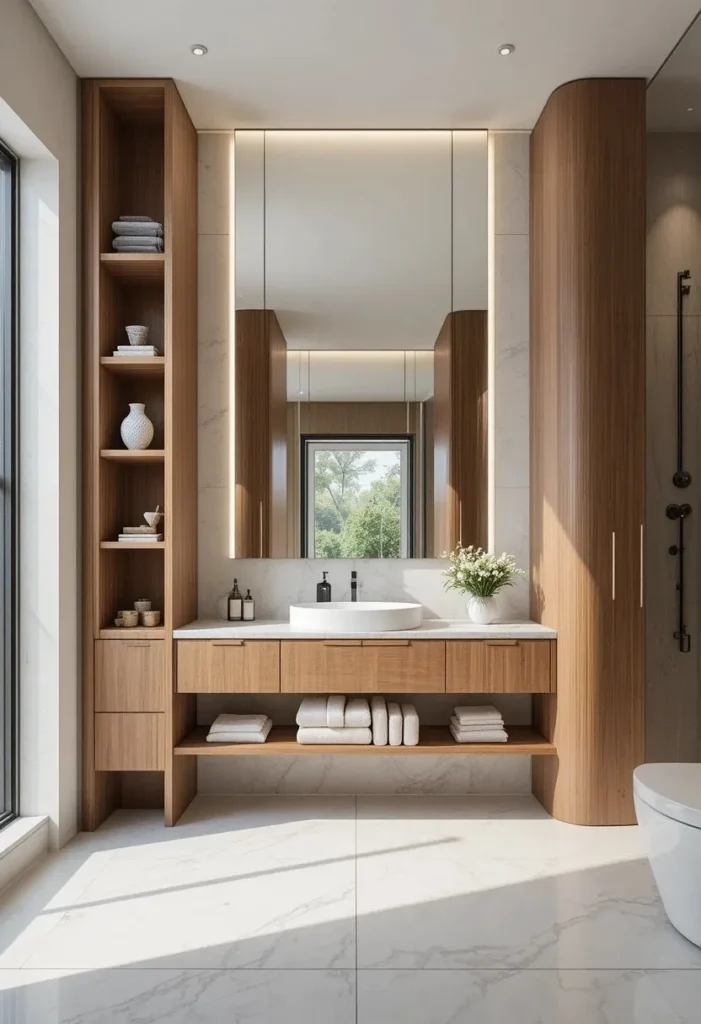 Slim tall bathroom tower cabinets providing stylish vertical storage.