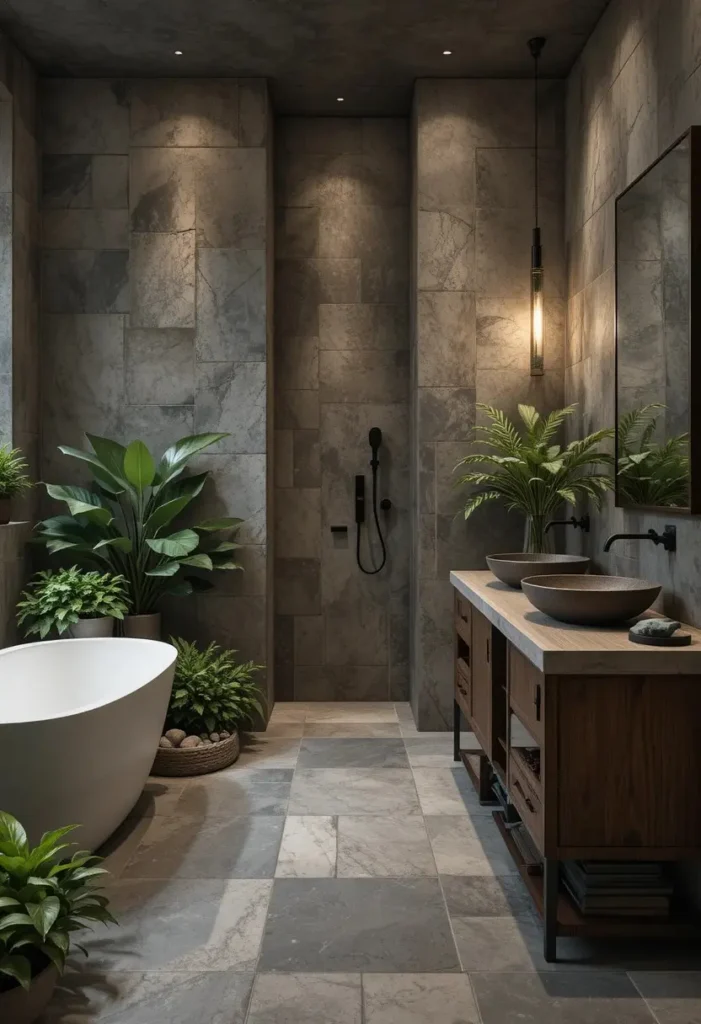Natural slate stone floor tiles creating a rugged bathroom aesthetic.