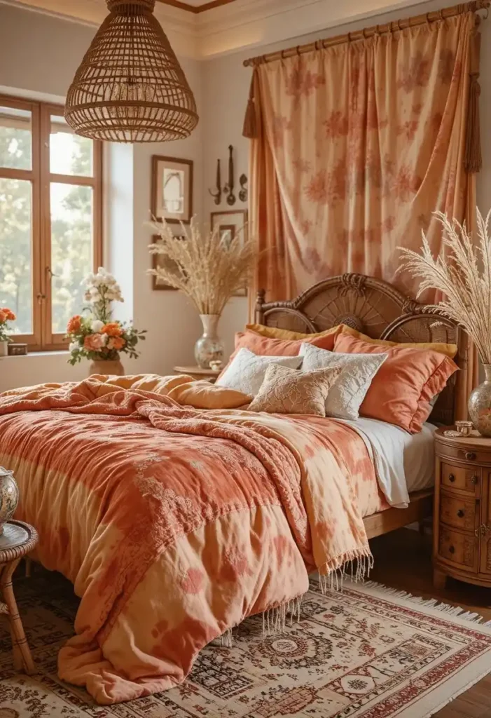 Tie-dye bedding in sunset rainbow shades bringing warmth and color to a boho bedroom.