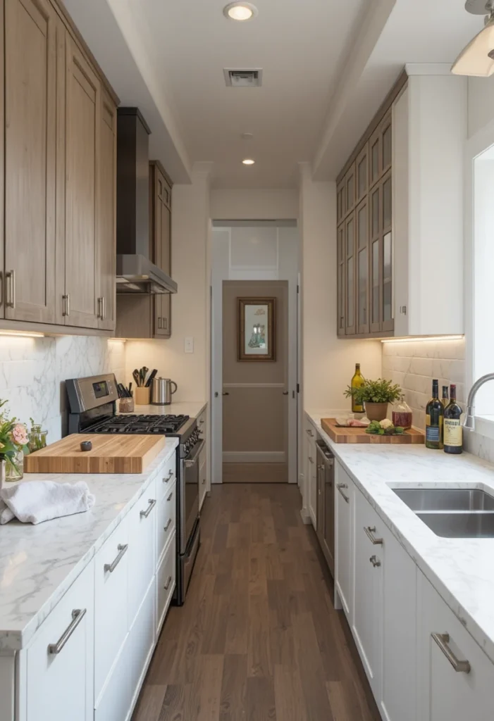 Organized long kitchen with clearly defined cooking and prep zones