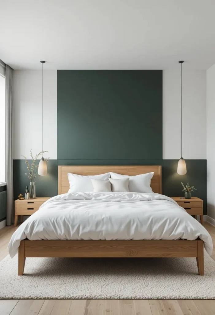 Modern bedroom with a dark green accent wall behind a white bed and warm wooden furniture