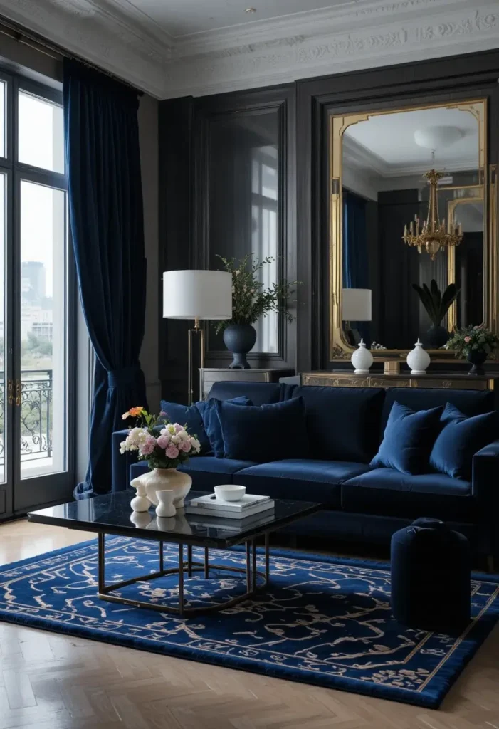 Black couch styled with navy blue accents for a luxurious tonal look.
