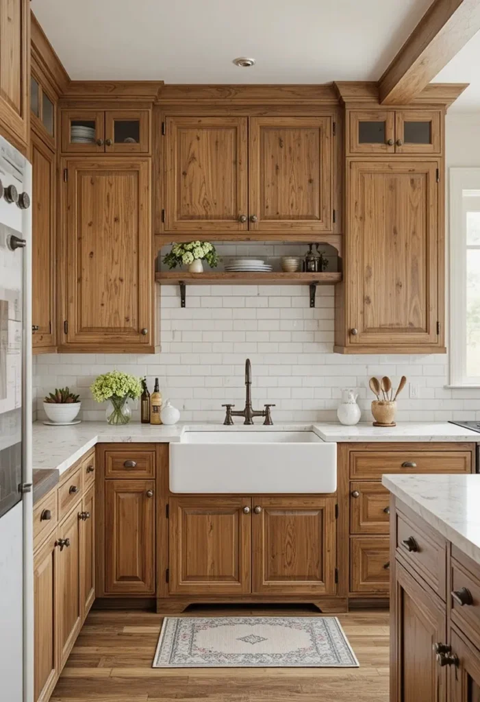 White farmhouse sink installed within a kitchen featuring hickory cabinetry.