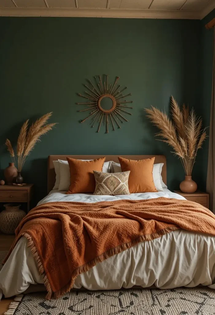 Earthy bedroom combining dark green walls with warm terracotta and natural decor accents