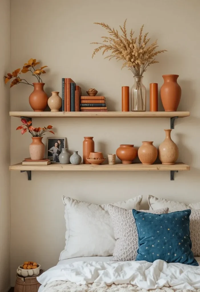 Decorative bedroom shelves styled with terracotta and orange accessories.