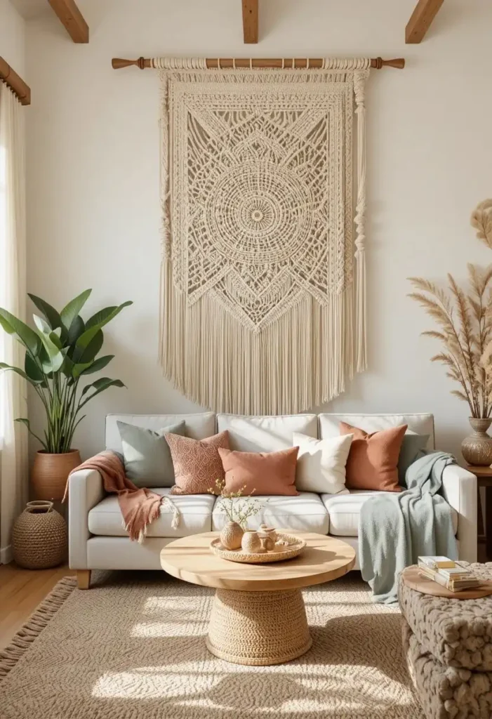 Large macramé wall hanging serving as the focal point above a boho sofa.
