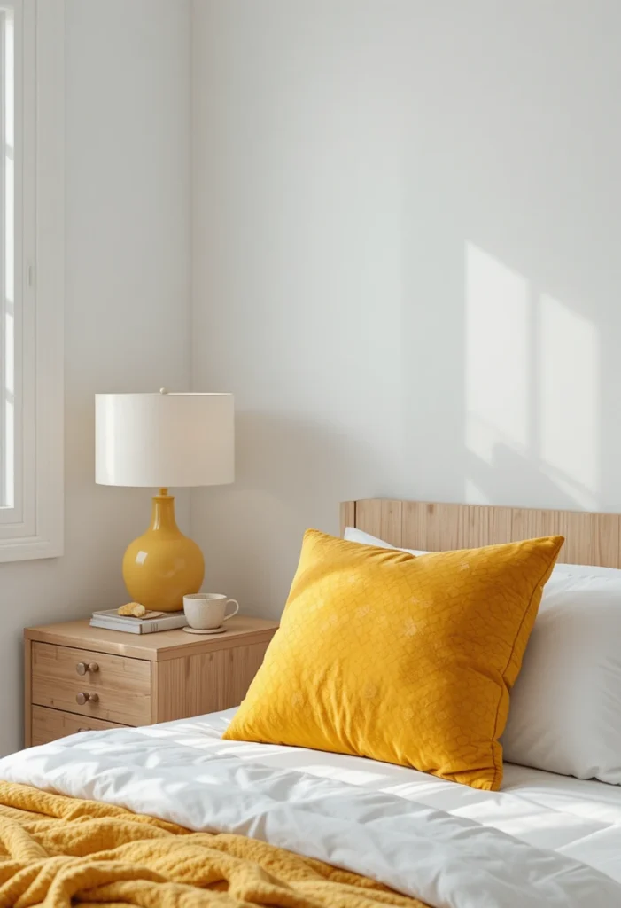 Minimal Scandinavian bedroom featuring subtle yellow accents for warmth and charm.