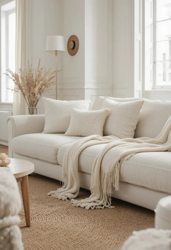 White couch surrounded by layered neutral tones for a warm elegant living room.
