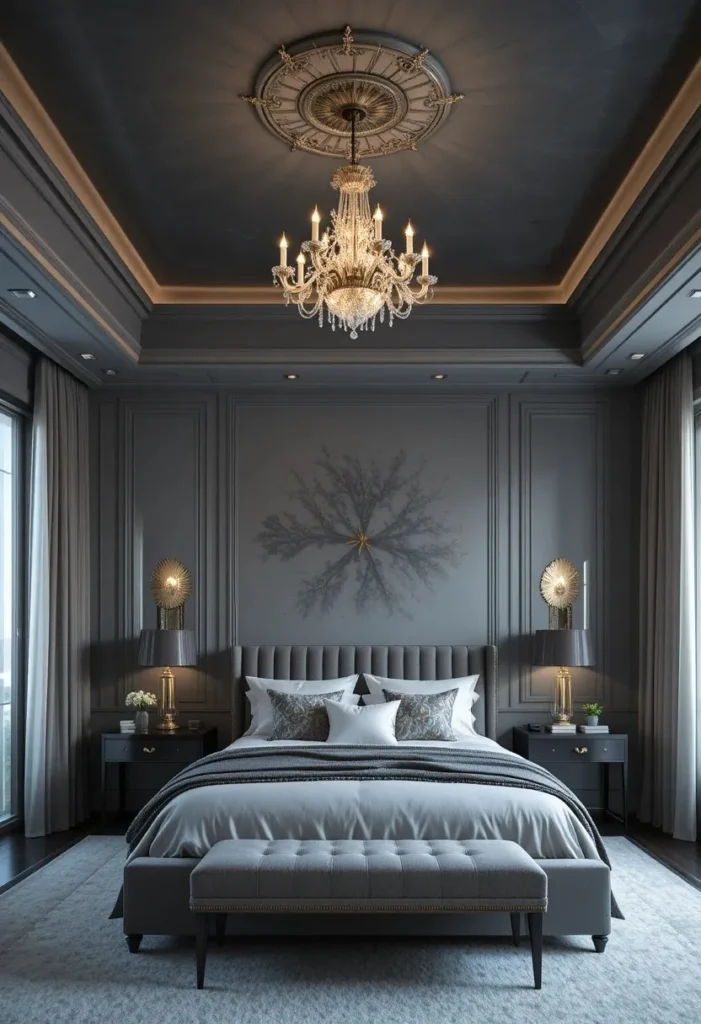 Bedroom with a dark gray ceiling creating dramatic contrast and architectural interest.
