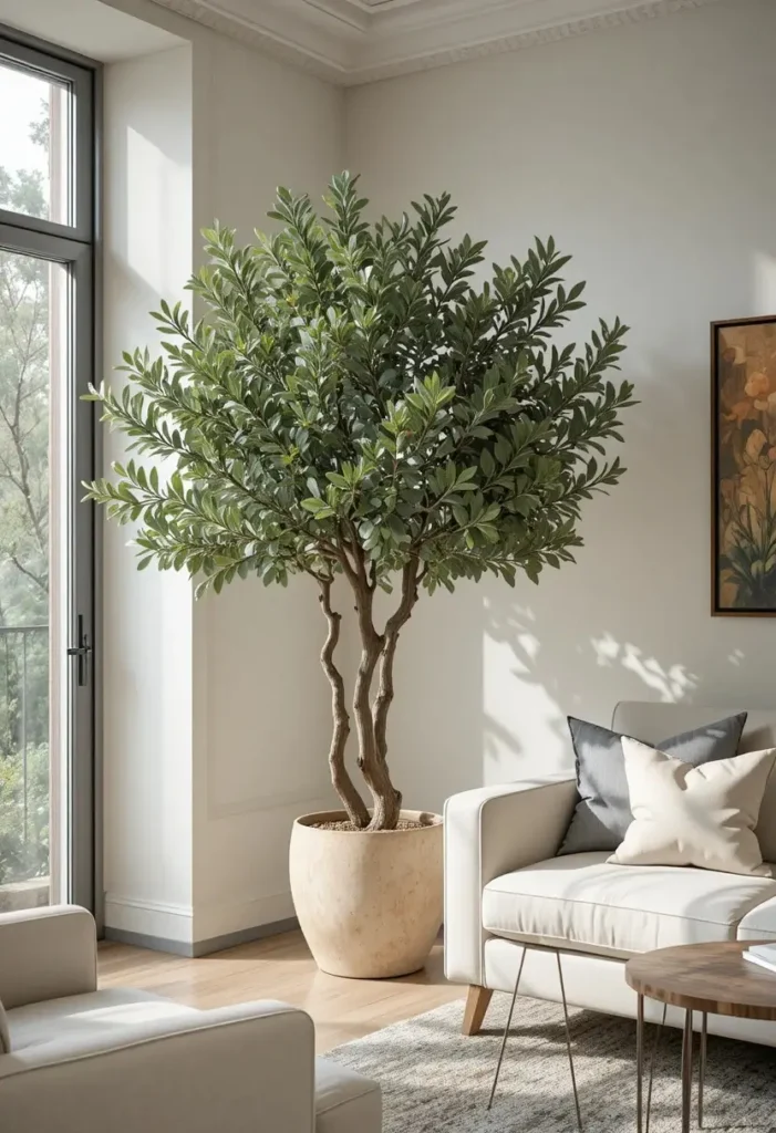 Indoor tree adding life and freshness to a remodeled living room.